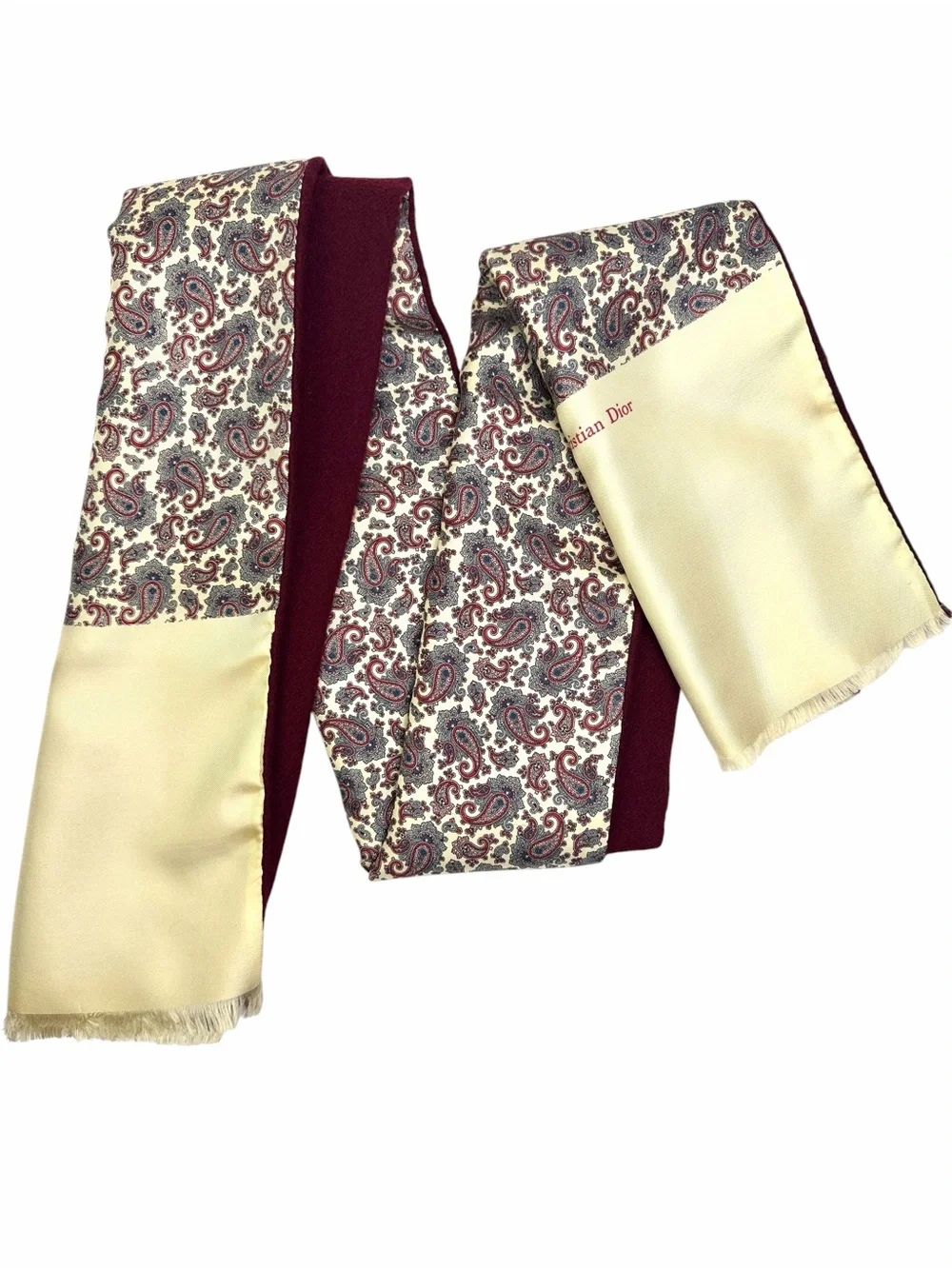 Christian Dior Men’s  Doubled Scarf Silk Wool Burgundy Cream Paisley